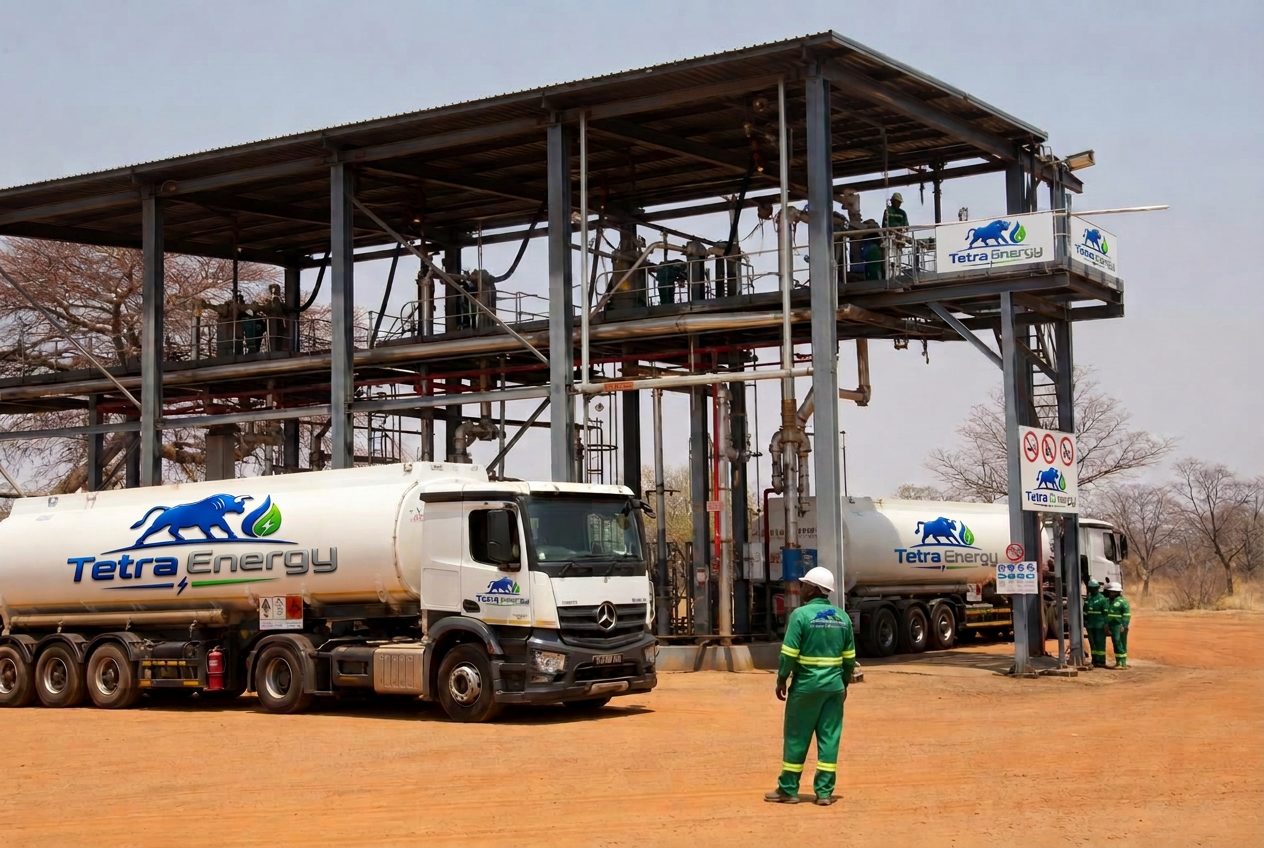 Road tankers loading at a depot gantry, their barrels painted with the Tetra Energy blue bull and green flame-leaf logo, crew in green PPE alongside