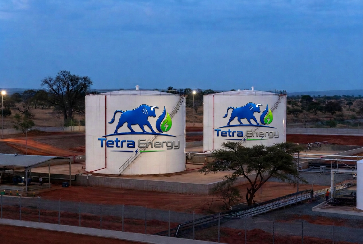 Tetra Energy branded fuel storage tanks at a corridor depot at first light