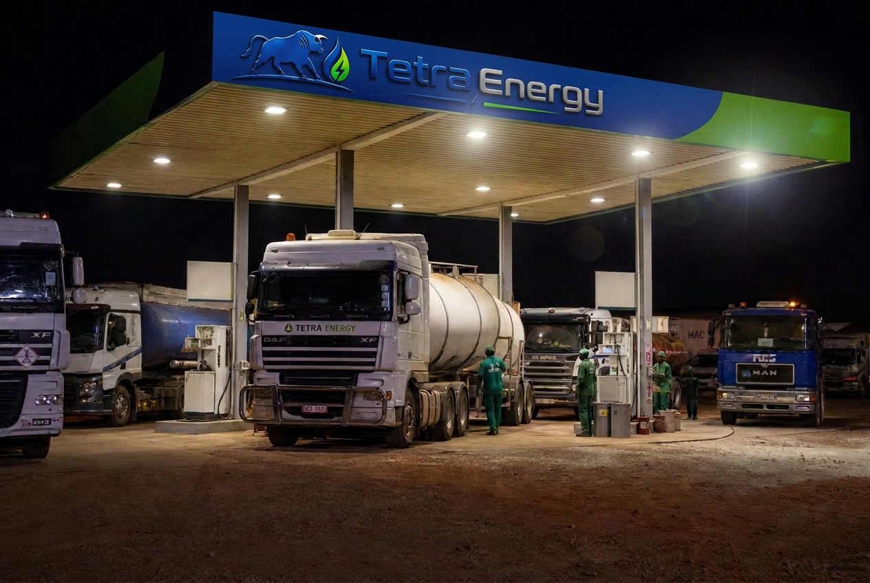 Attendant at a Tetra Energy branded pump island refuelling a long-haul truck