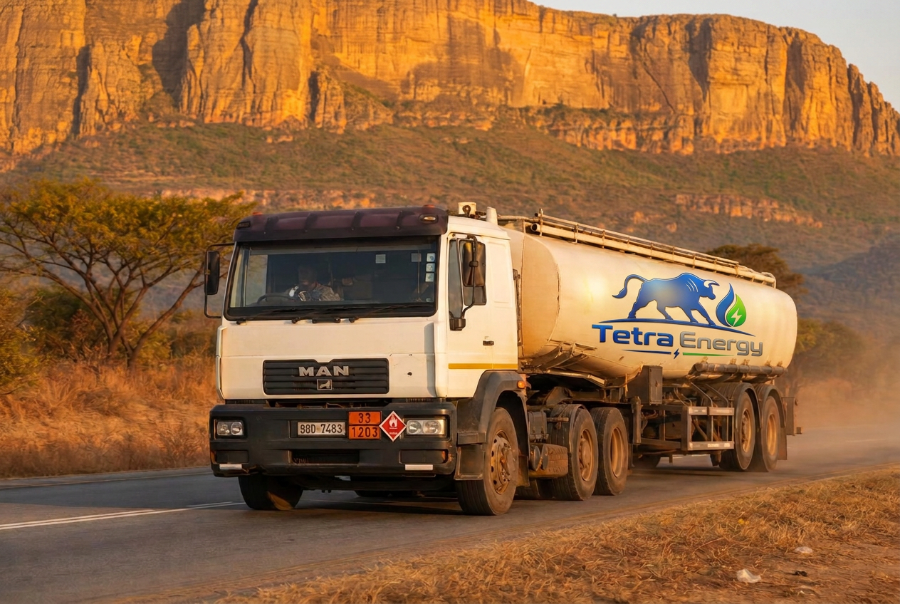 Tetra Energy tanker running a Southern African freight corridor at dusk