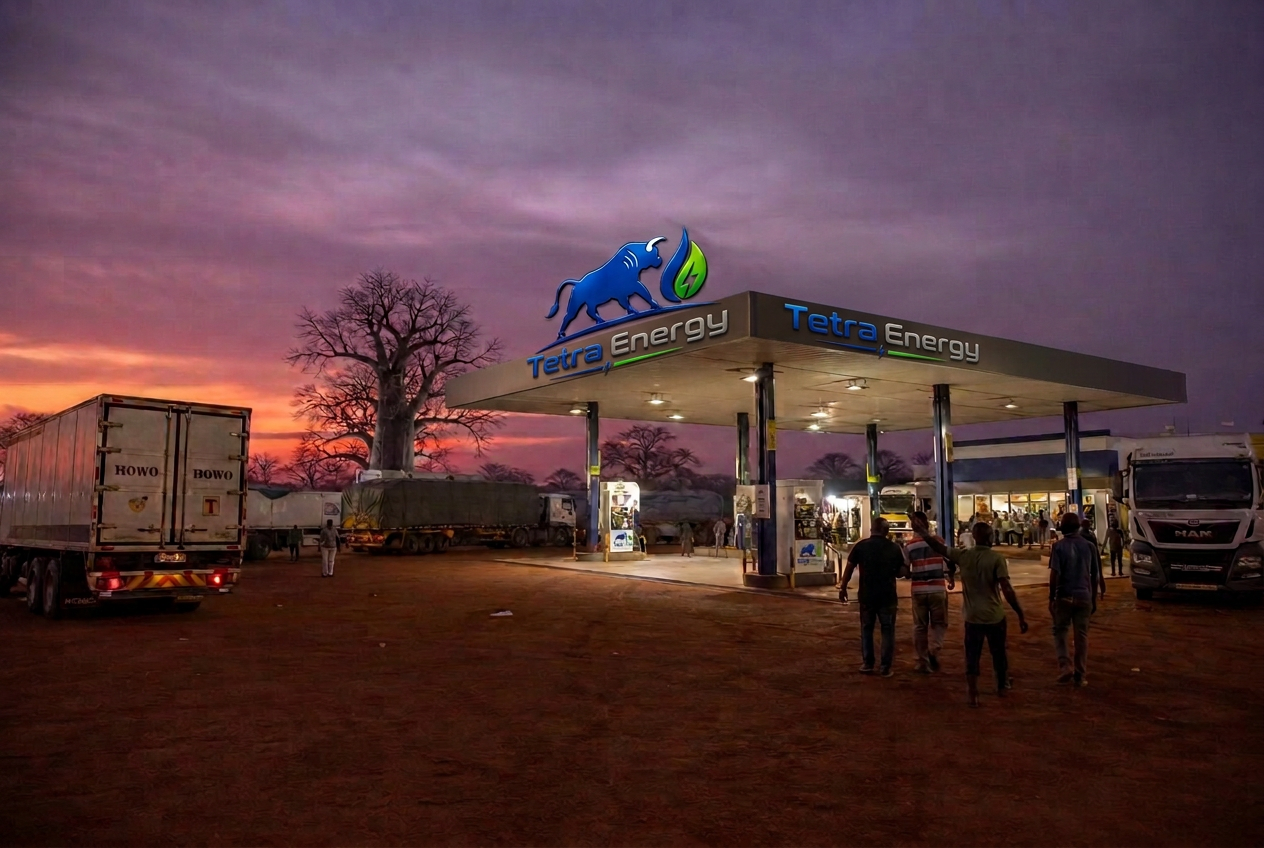 A Southern African corridor truck stop at dusk under a purple and orange sky, an illuminated Tetra Energy bull-and-flame sign on the forecourt canopy, parked long-haul trucks and a baobab silhouette behind